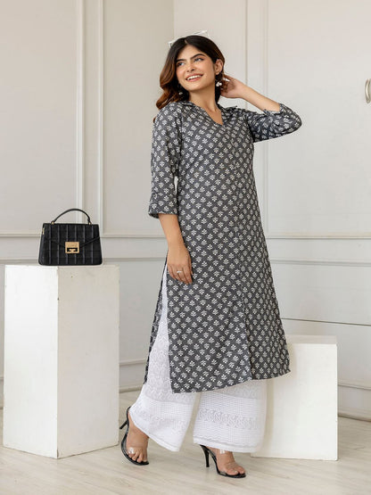 Grey Printed Straight Shirt Collar Kurta