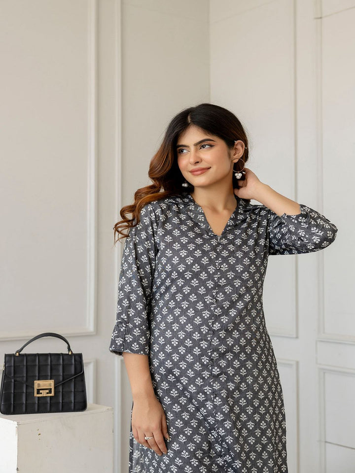 Grey Printed Straight Shirt Collar Kurta