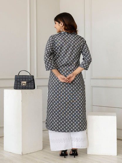 Grey Printed Straight Shirt Collar Kurta