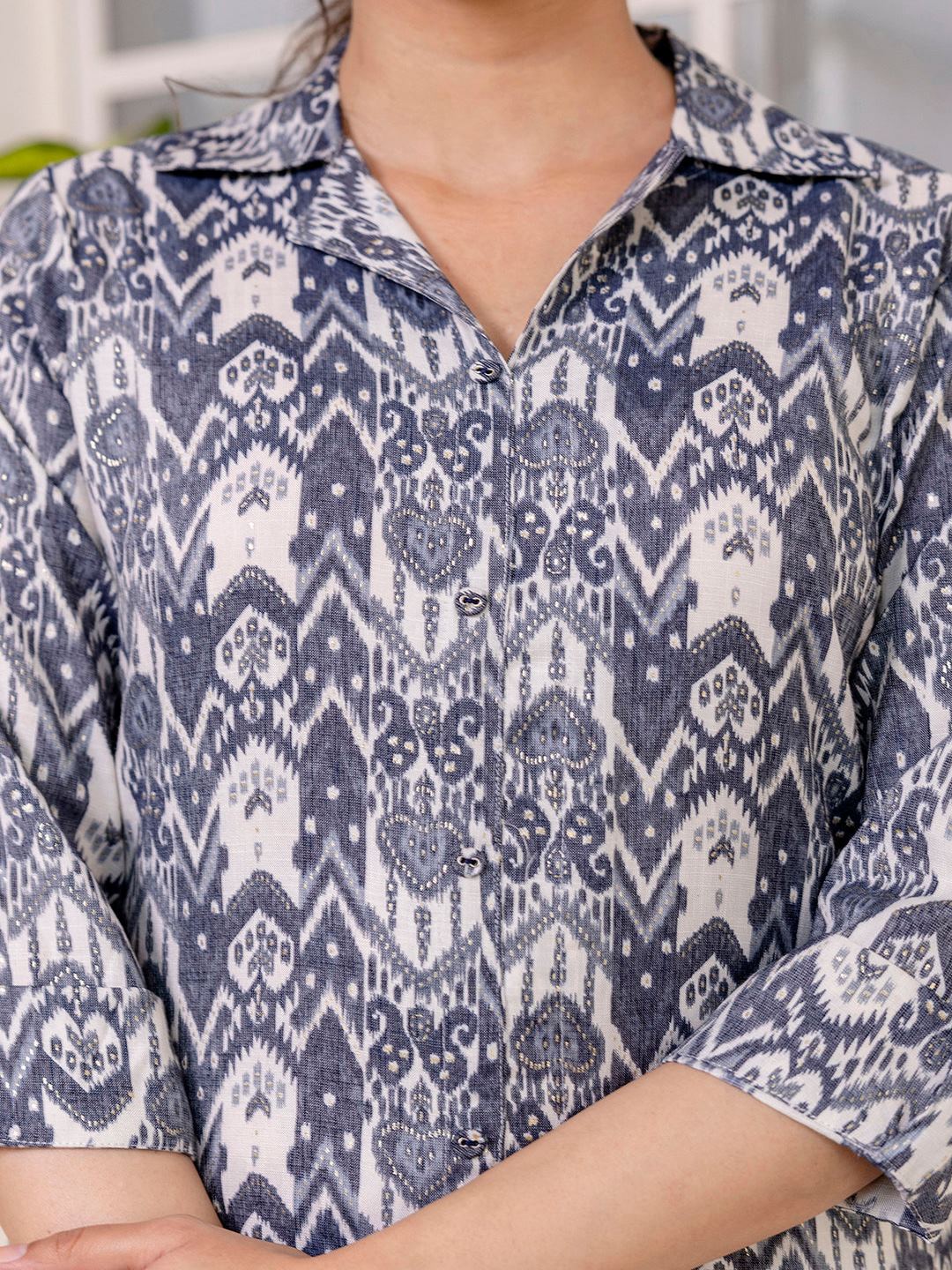 Grey Printed Straight Shirt Collar Kurta