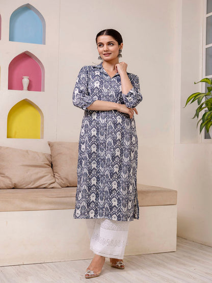 Grey Printed Straight Shirt Collar Kurta
