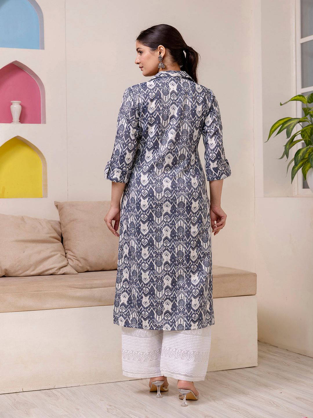 Grey Printed Straight Shirt Collar Kurta