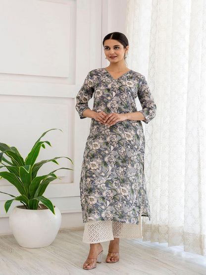 Grey Printed Straight V-Neck Kurta