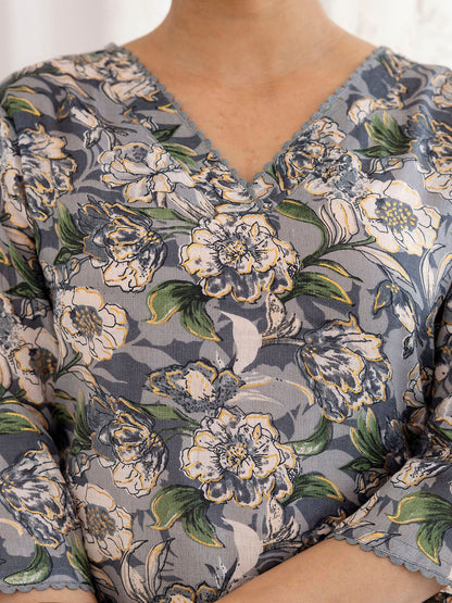 Grey Printed Straight V-Neck Kurta