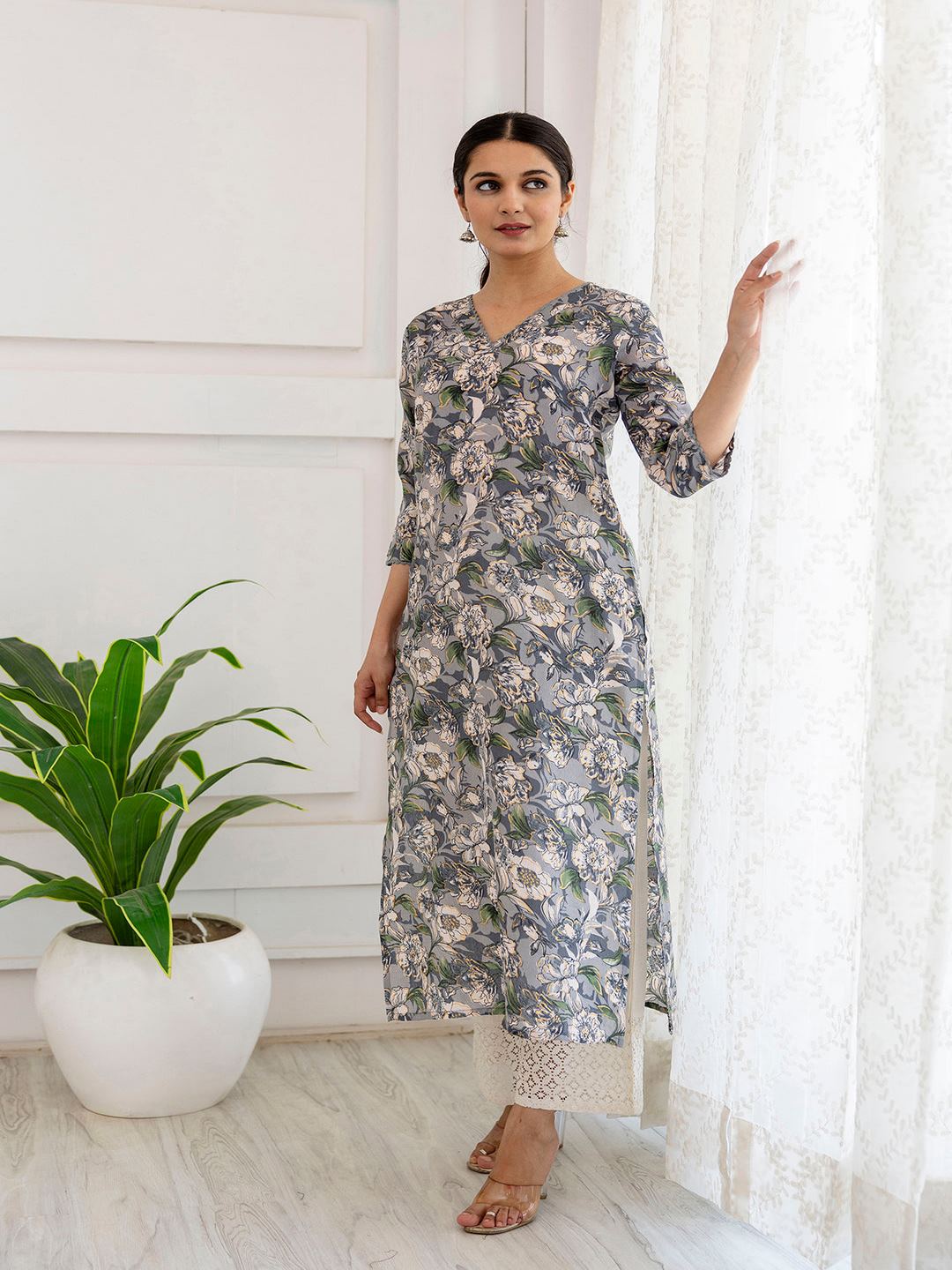 Grey Printed Straight V-Neck Kurta