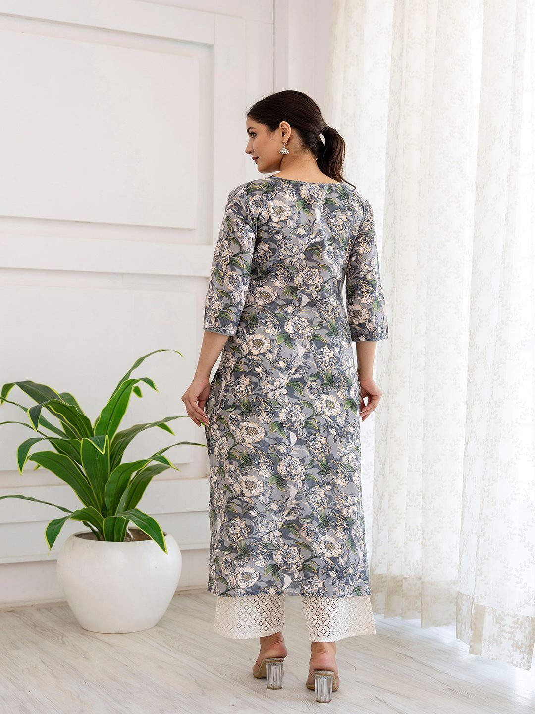 Grey Printed Straight V-Neck Kurta