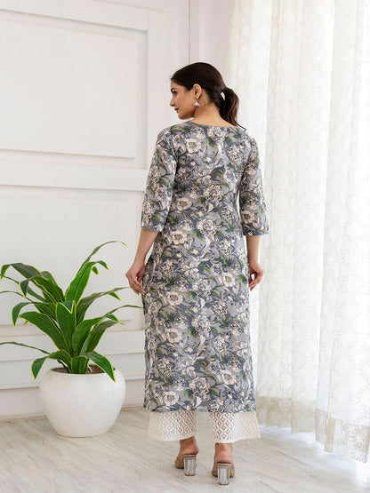 Grey Printed Straight V-Neck Kurta