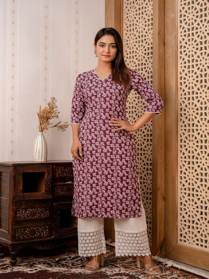 Purple Printed Straight Kurta With Three Quarter Sleeves