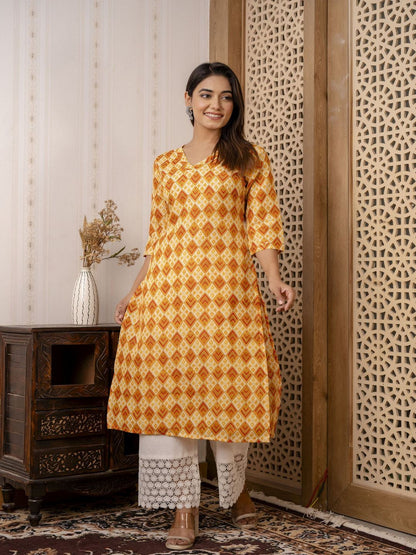 Yellow Printed Straight Kurta With Three Quarter Sleeves