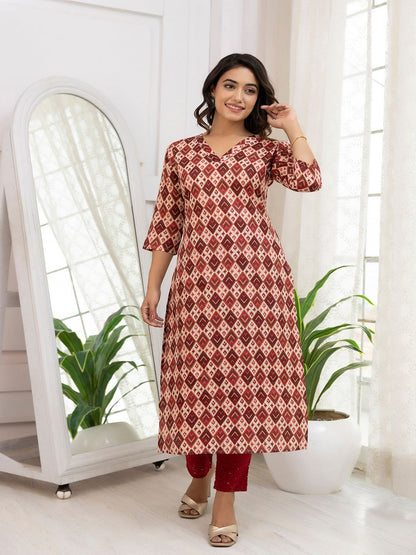 Maroon Printed Straight Kurta With Three Quarter Sleeves