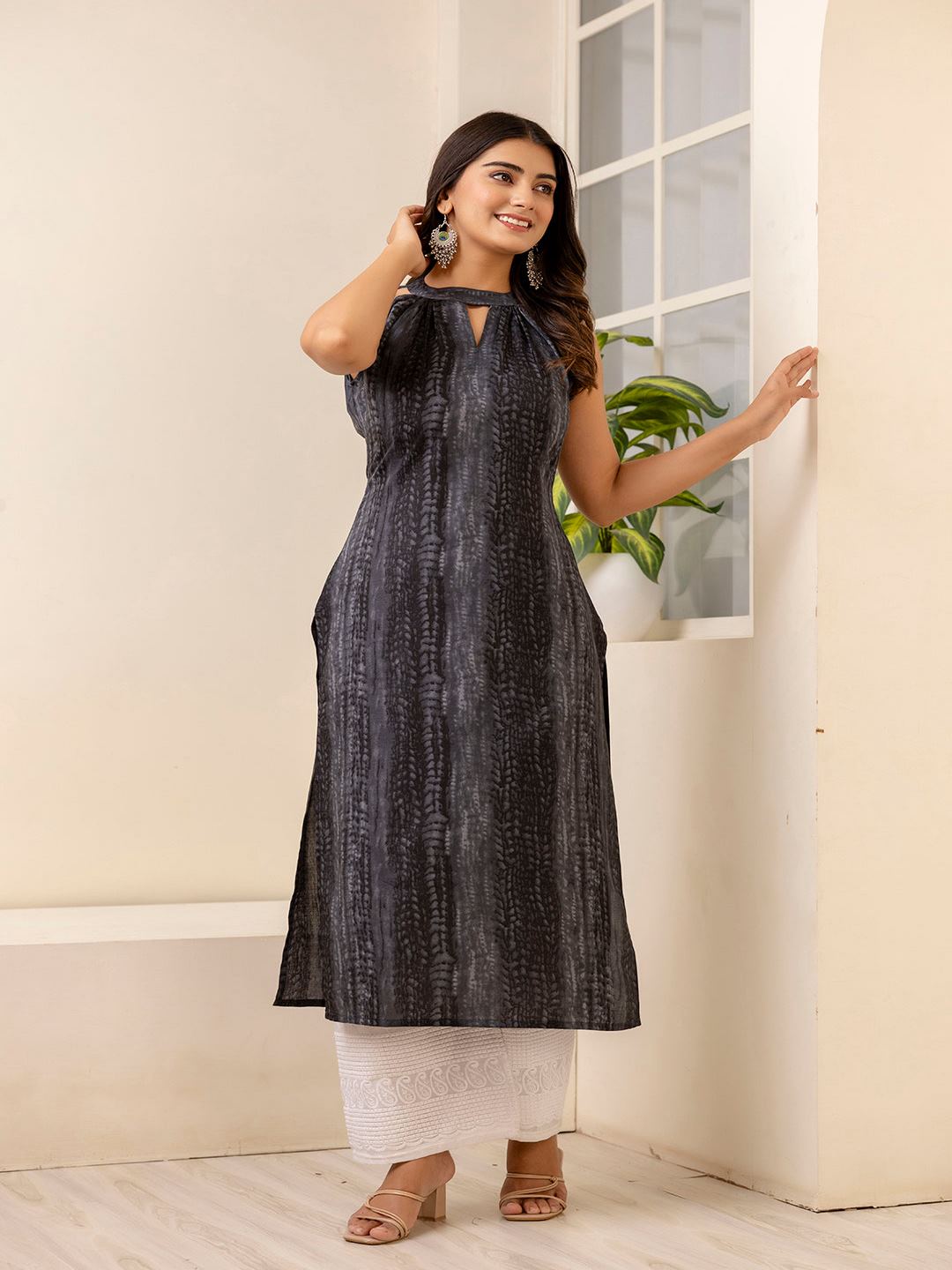 Grey And Black Shibori Printed Straight Kurta