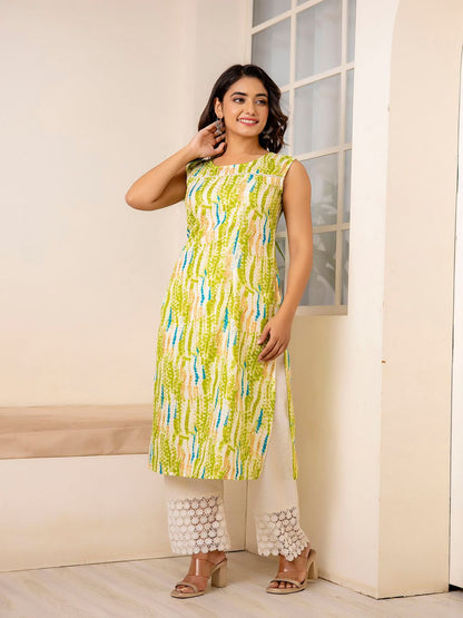Green Printed Straight Sleeveless Kurta