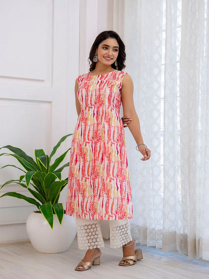 Pink Printed Straight Sleeveless Kurta