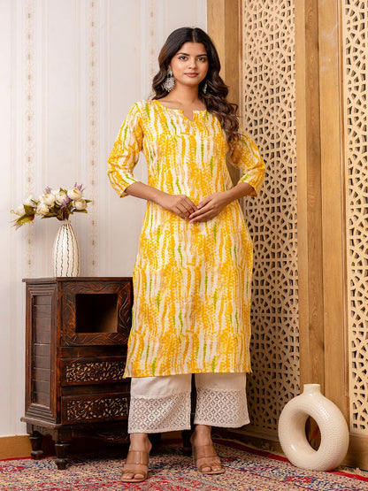 Yellow Printed Straight Kurta With Three Quarter Sleeves