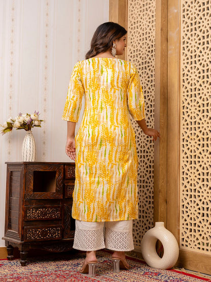 Yellow Printed Straight Kurta With Three Quarter Sleeves