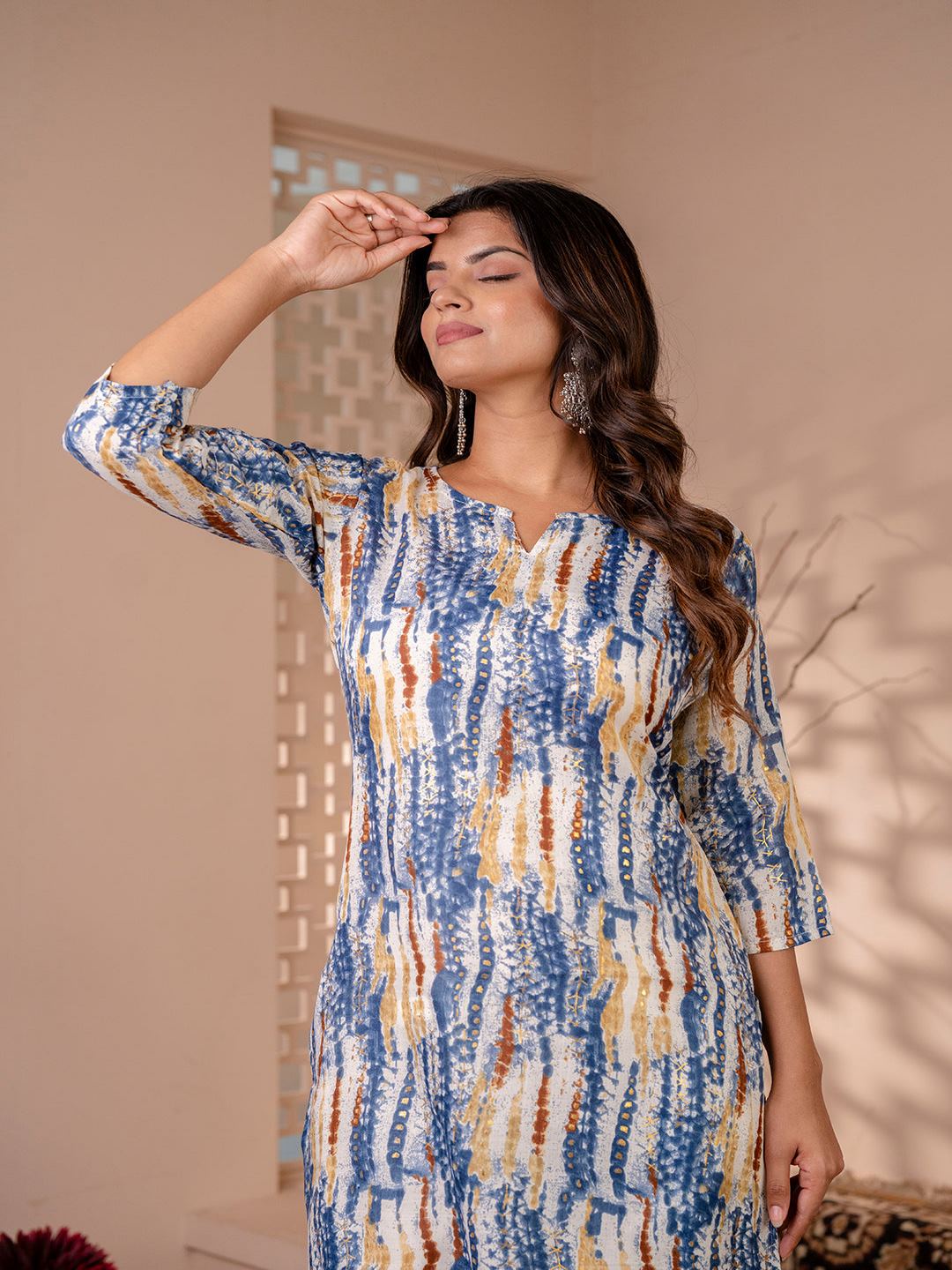 Blue Printed Straight Kurta With Three Quarter Sleeves