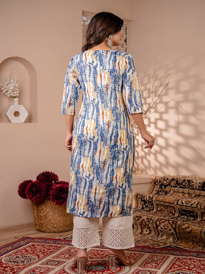 Blue Printed Straight Kurta With Three Quarter Sleeves