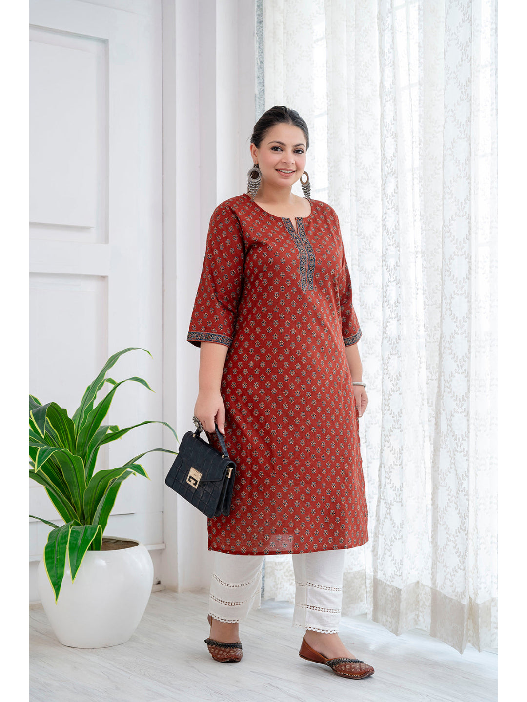 Plus Size Maroon Printed Straight kurta