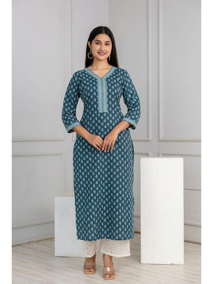 Green Printed Straight Kurta With Three Quarter Sleeves