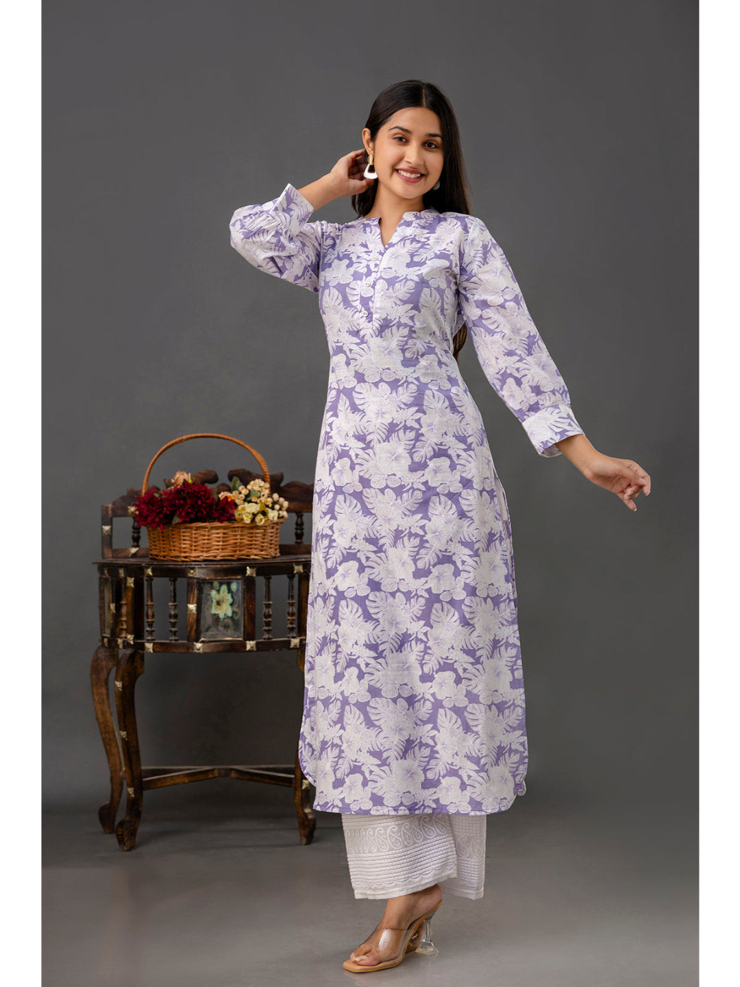 Purple Printed Straight Kurta With Three Quarter Sleeves