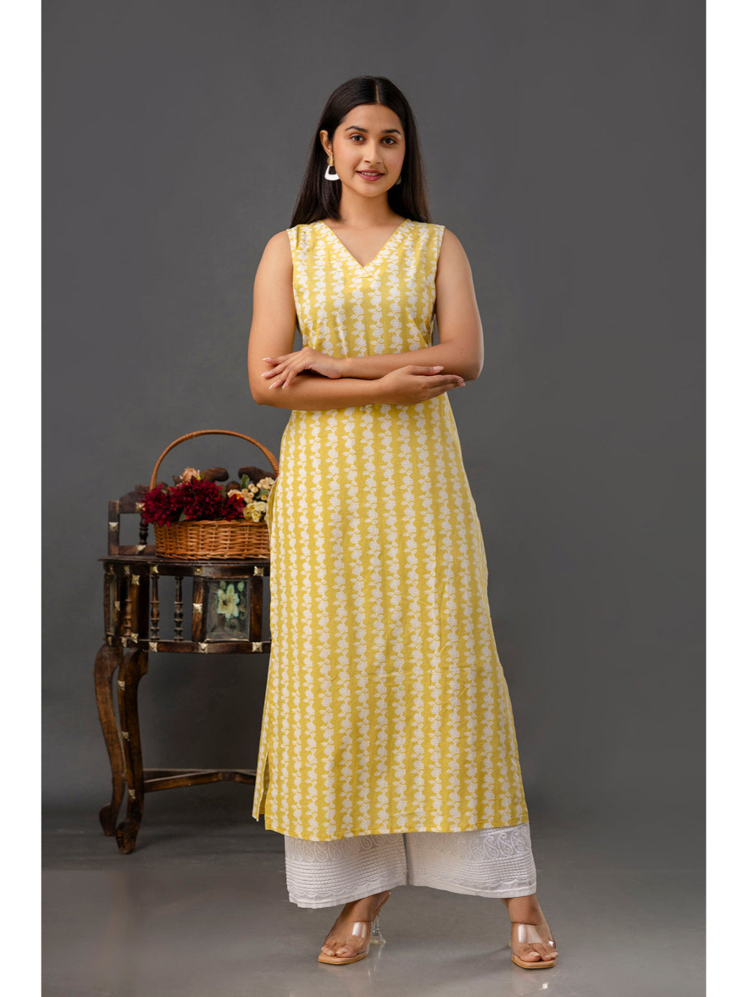 Yellow Printed Straight Sleeveless Kurta