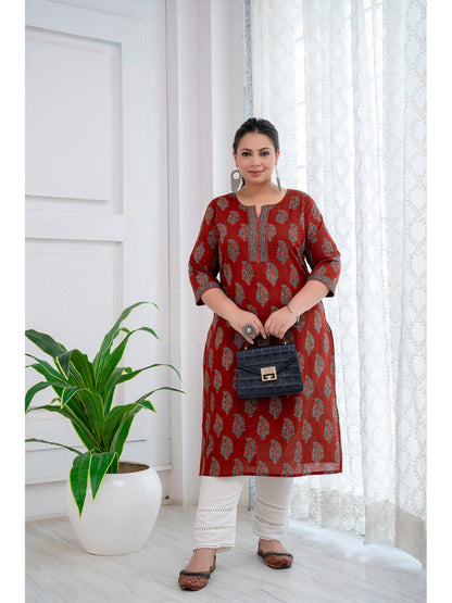 Plus Size Maroon Printed Straight Kurta