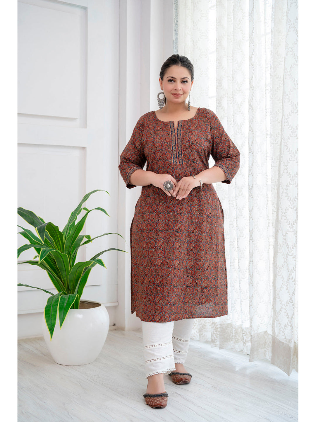 Plus Size Rust Printed Straight Kurta
