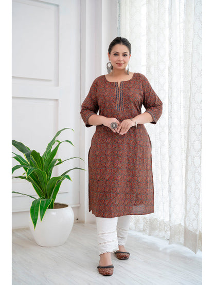 Plus Size Rust Printed Straight Kurta