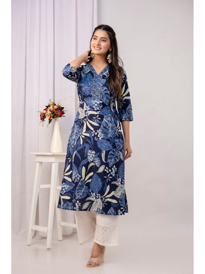 Blue Printed Straight Kurta With Three Quarter Sleeves