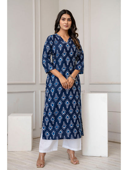 Navy Blue Printed Straight Kurta With Three Quarter Sleeves