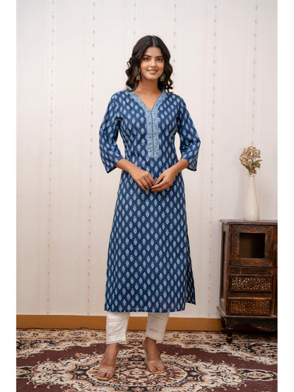 Blue Printed Straight Kurta with Three Quarter Sleeves
