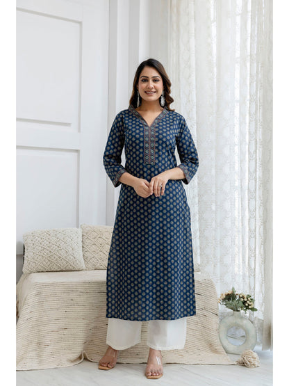Blue Printed Straight Kurta with Three Quarter Sleeves