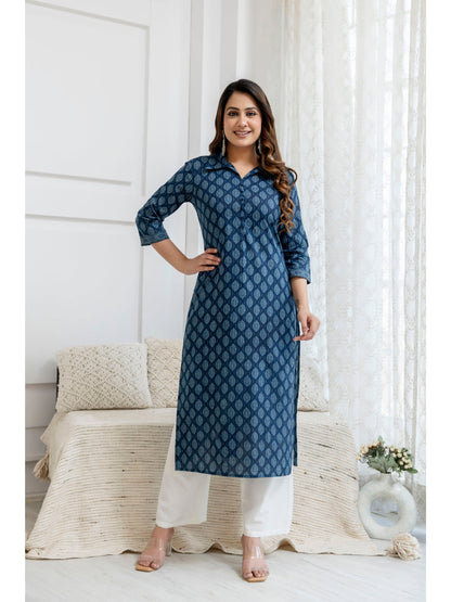 Blue Printed Straight Kurta with Three Quarter Sleeves