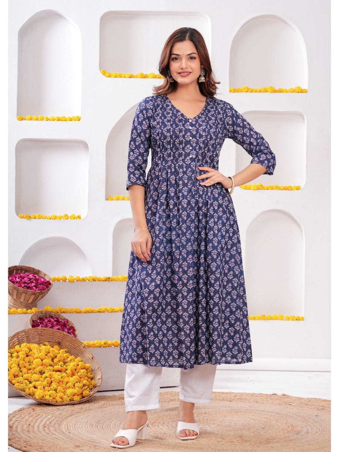 Blue Printed A-Line Kurta with Three Quarter Sleeves
