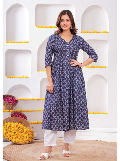 Blue Printed A-Line Kurta with Three Quarter Sleeves