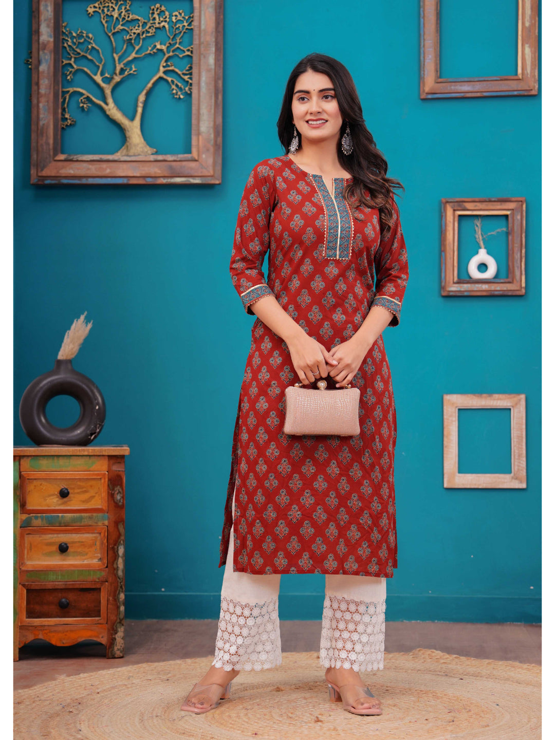 Maroon Printed Straight Kurta with Three Quarter Sleeves