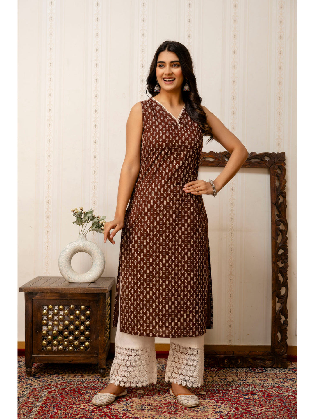 Brown Printed Straight V-neck Kurta