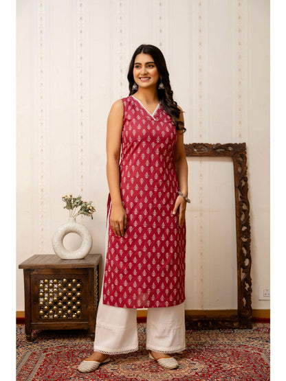 Pink Printed Straight V-neck Kurta