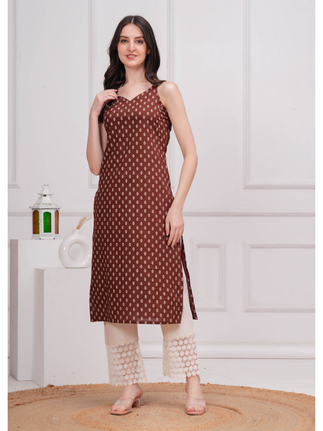 Brown Printed Straight Shoulder Straps Kurta