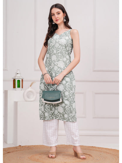 Green Printed Straight Shoulder Straps Kurta