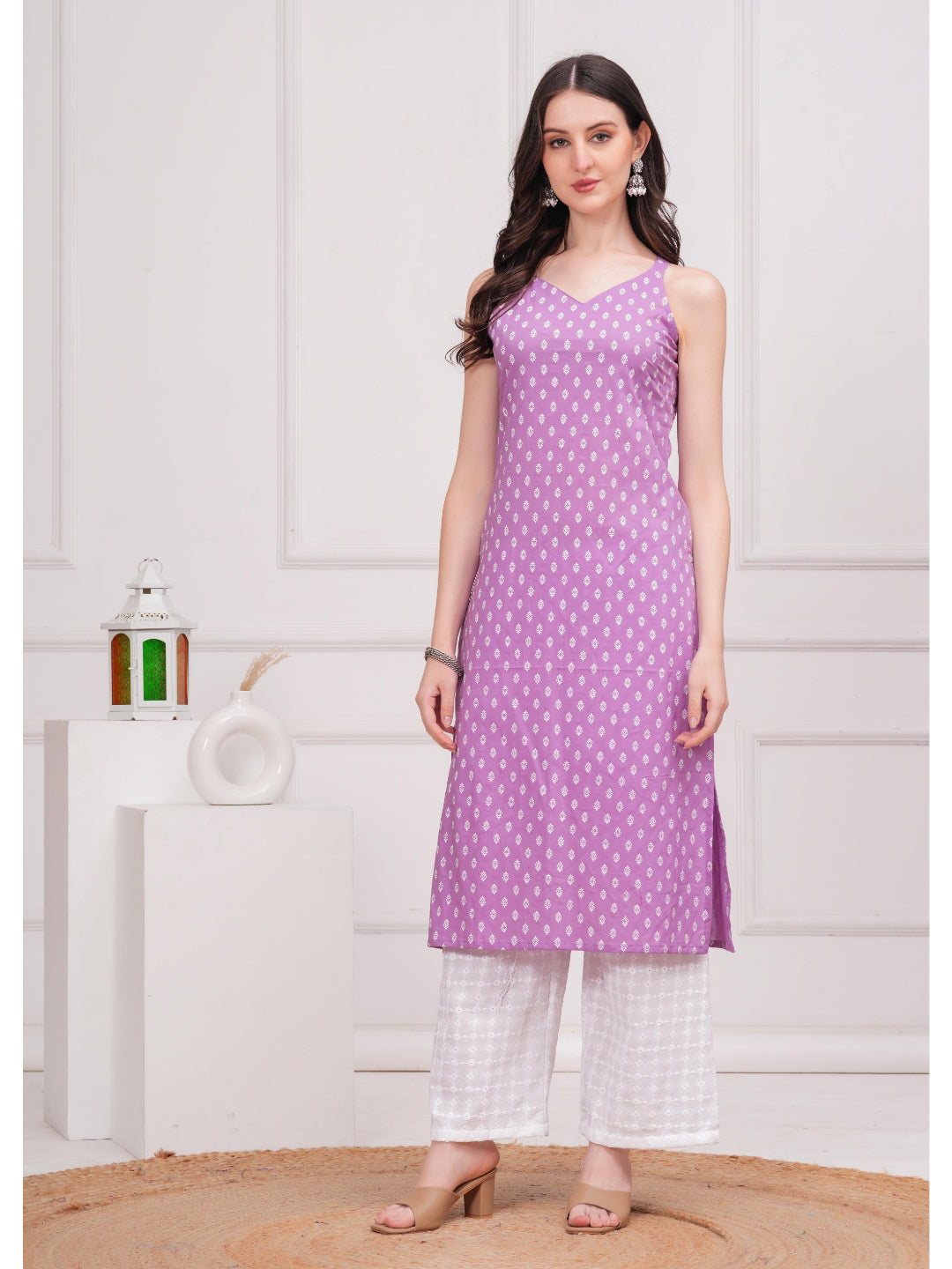 Purple Printed Straight Shoulder Straps Kurta