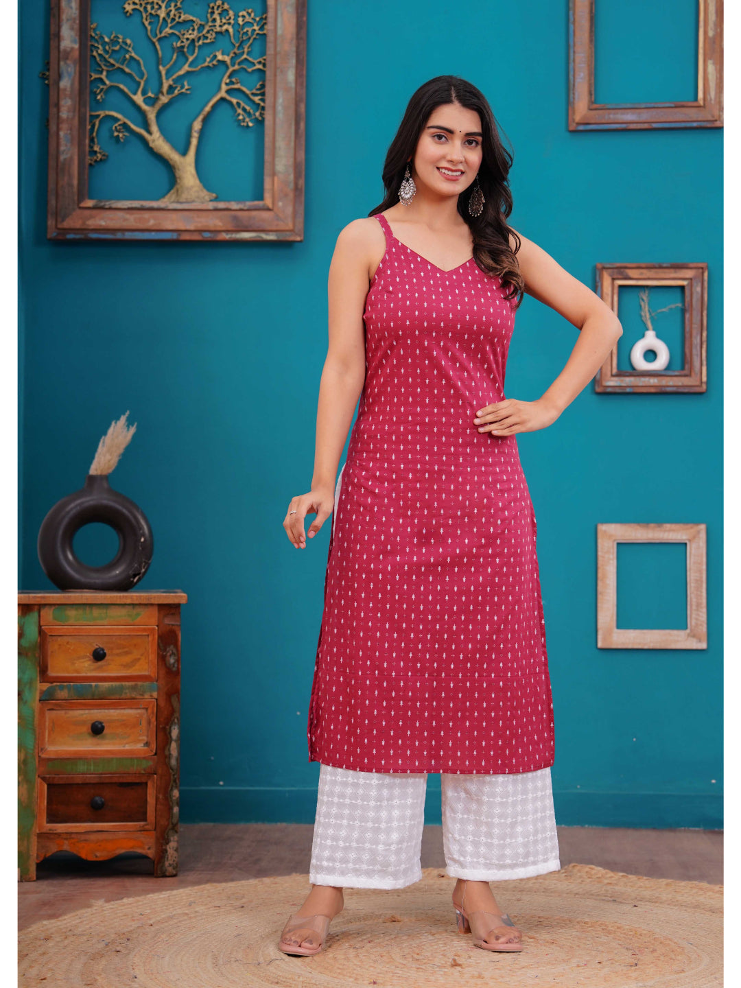 Pink Printed Straight Shoulder Straps Kurta