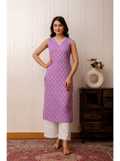 Purple Printed Straight Shoulder Straps Kurta