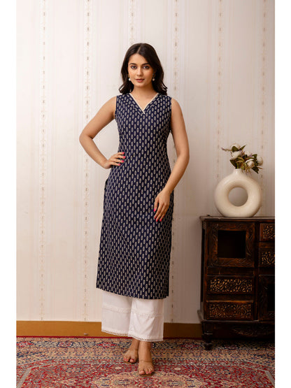 Navy Blue Printed Straight Shoulder Straps Kurta