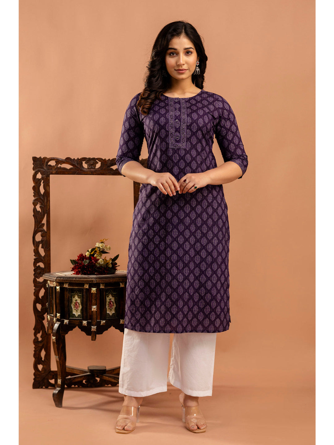 Purple Printed Straight Kurta with Three Quarter Sleeves