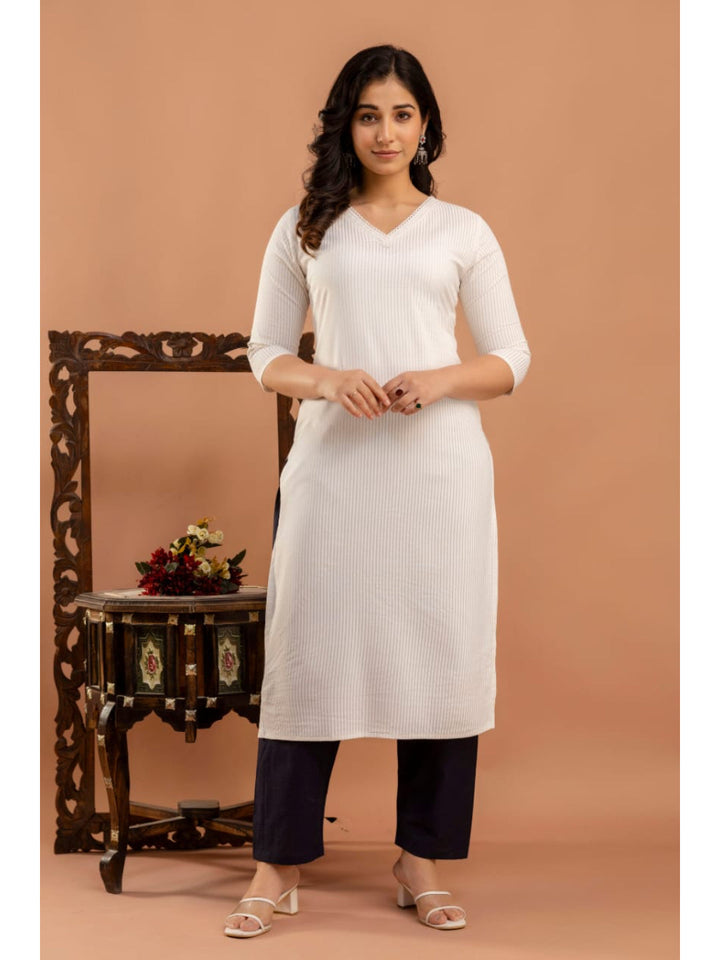White Striped Straight Kurta with Three Quarter Sleeves