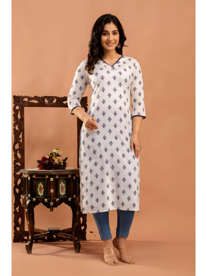 White Ethnic Printed Straight Kurta with Three Quarter Sleeves