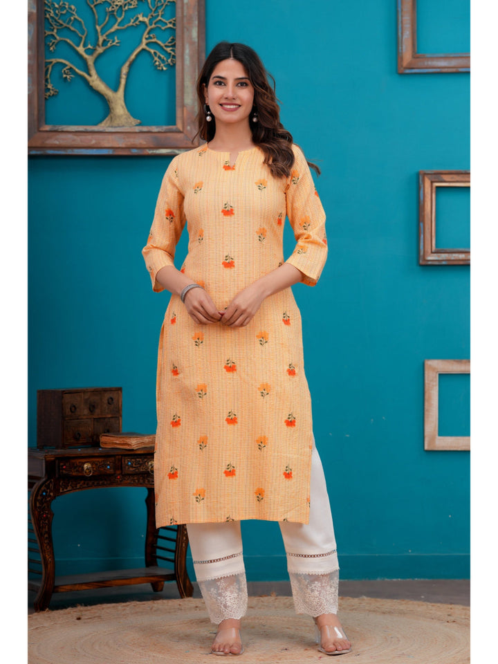 Orange Printed Straight Kurta with Three quarter sleeve