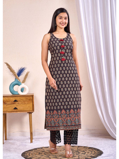 Black Printed Straight Sleeveless Kurta