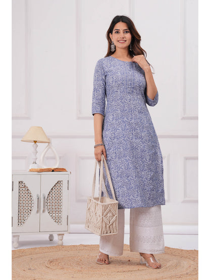 Blue Printed Straight Kurta with Three Quarter Sleeves